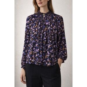 Marie Oliver Silk Blouse Small Abstract Floral Ruffle Neck Gold Button Top